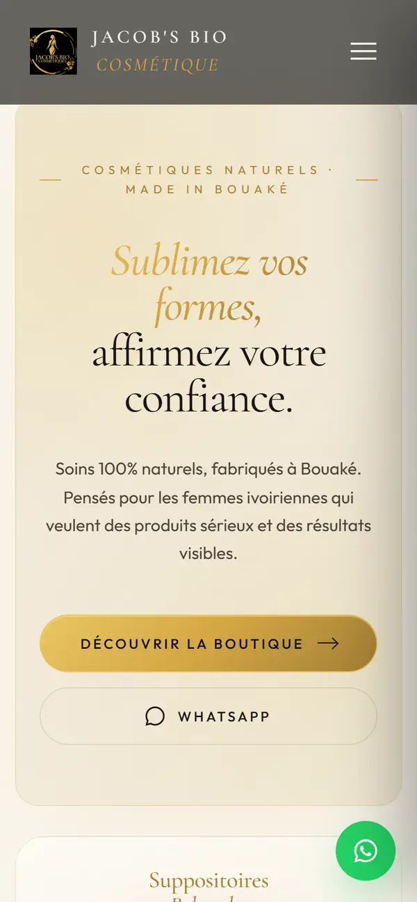 Page d'accueil du site Jacob's Bio Cosmétiques sur téléphone