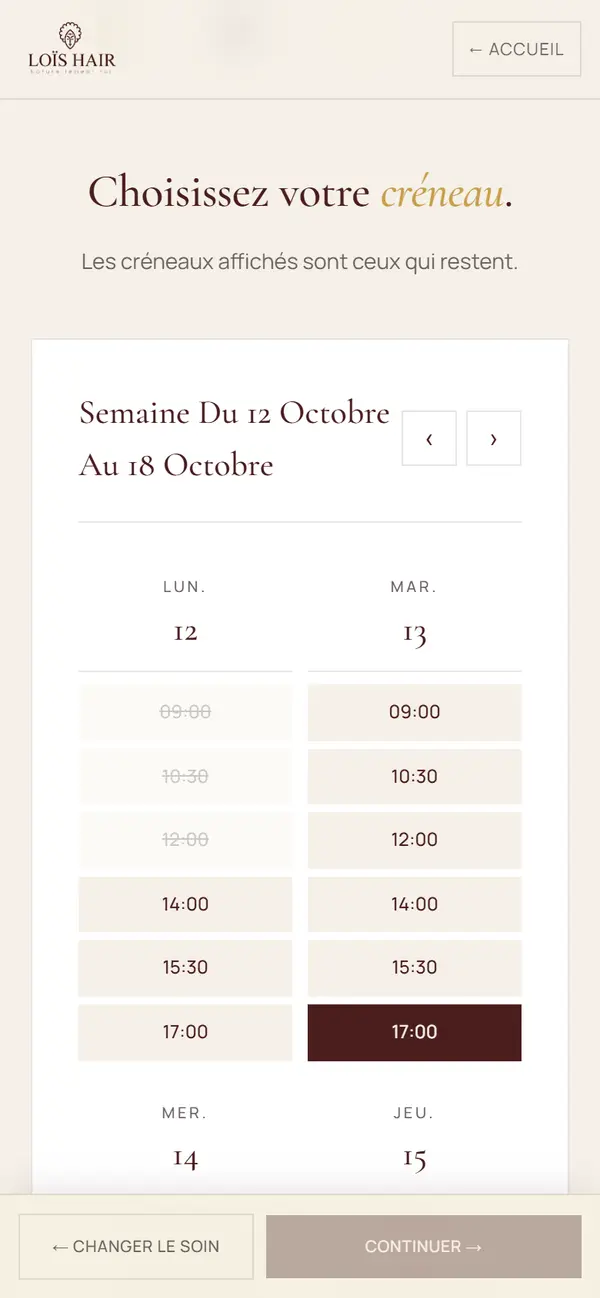 Calendrier de réservation de LOÏS HAIR avec les créneaux libres