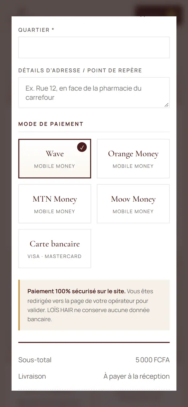 Choix du paiement sur la boutique LOÏS HAIR : Wave, Orange Money, MTN, Moov, carte